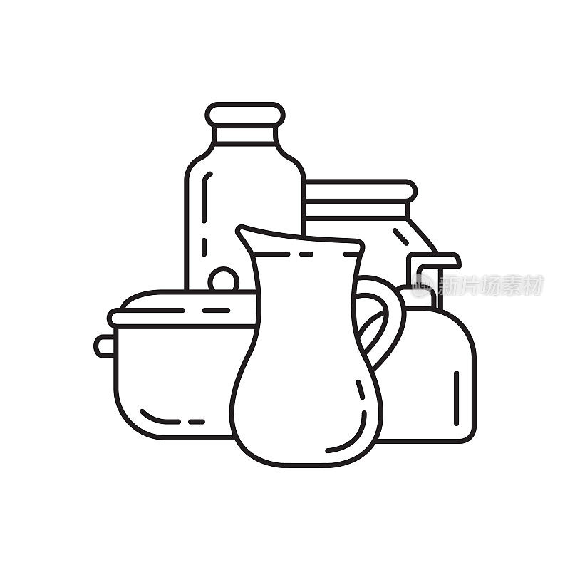 Kitchen utensil icon. Saucepan, jug, bottles, dispenser